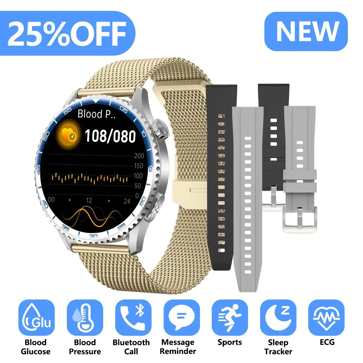 Montre connectée pour la santé des femmes avec mesure de la pression artérielle, de la glycémie, de la VFC, ECG, SOS, SpO2, suivi du sommeil, des appels et rappels de suivi sportif