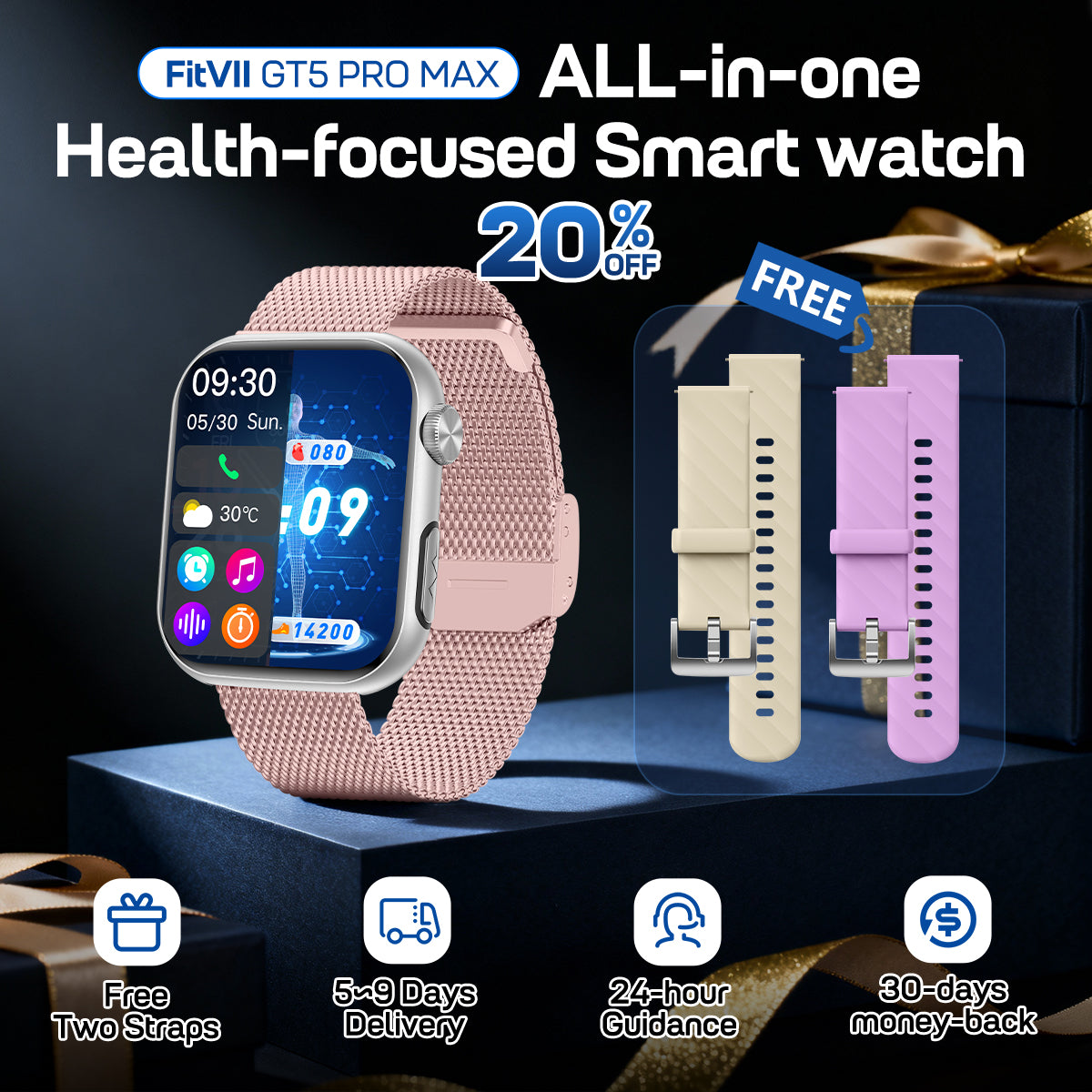 2026 Upgrade Fitvii® GT5 PRO MAX Health & Fitness Smartwatch with HR+BP+BG+ECG(EKG)+SPO2+TEMP+SOS+ Sleep+Blood Fat Monitoring + Straps Gift🎁
