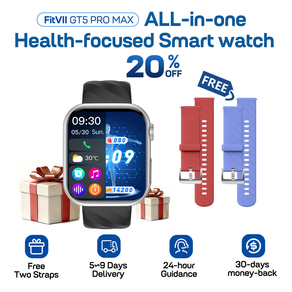FITVII GT5 PRO MAX Smartwatch for Game Day, Wellness & Family Care