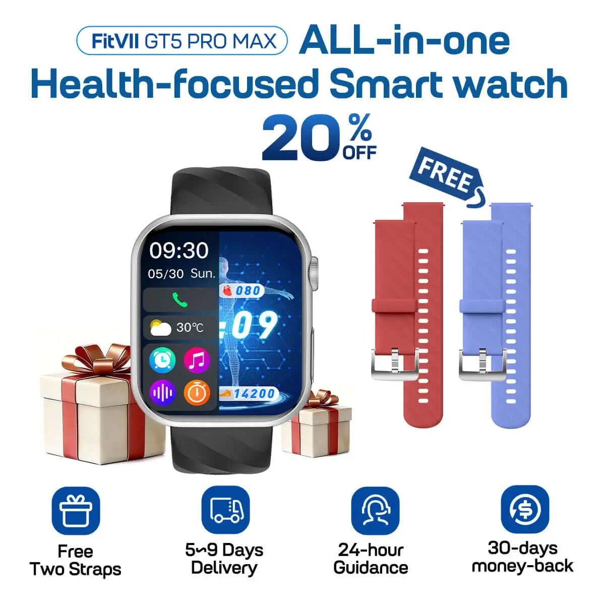 FITVII GT5 PRO MAX Smartwatch for Game Day, Wellness & Family Care