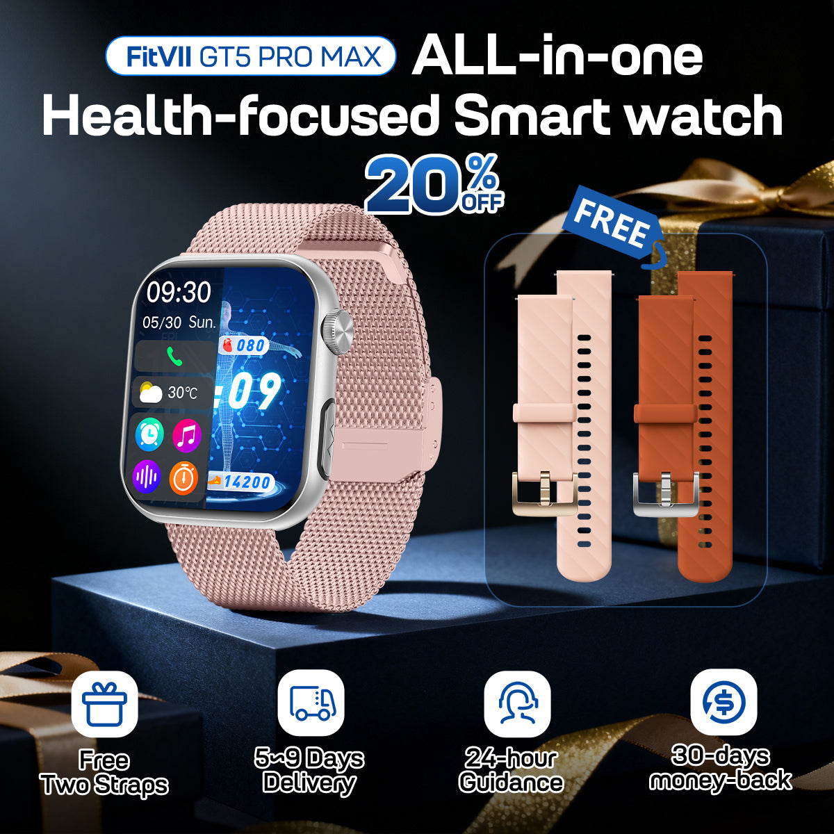 Upgrade Fitvii® GT5 Pro Max Blood Blood Pressure Watch With BG+HRV+ECG(EKG)+PGG+SpO2+SOS+Stress+Sleep Monitoring Supports Voice Calls And Fitness Tracker + Free Straps Gift