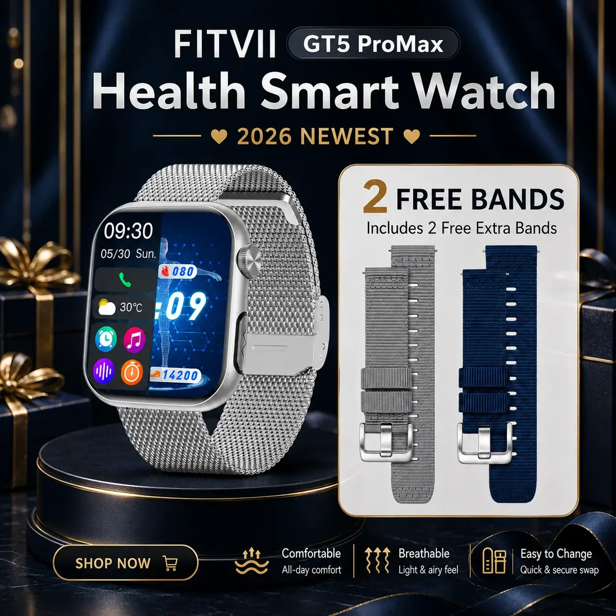 Upgrade der FITVII® GT5 Pro Max Blutdruck-Smartwatch mit EKG, Glukosetrends, HRV, SpO₂, Schlafüberwachung und mehr