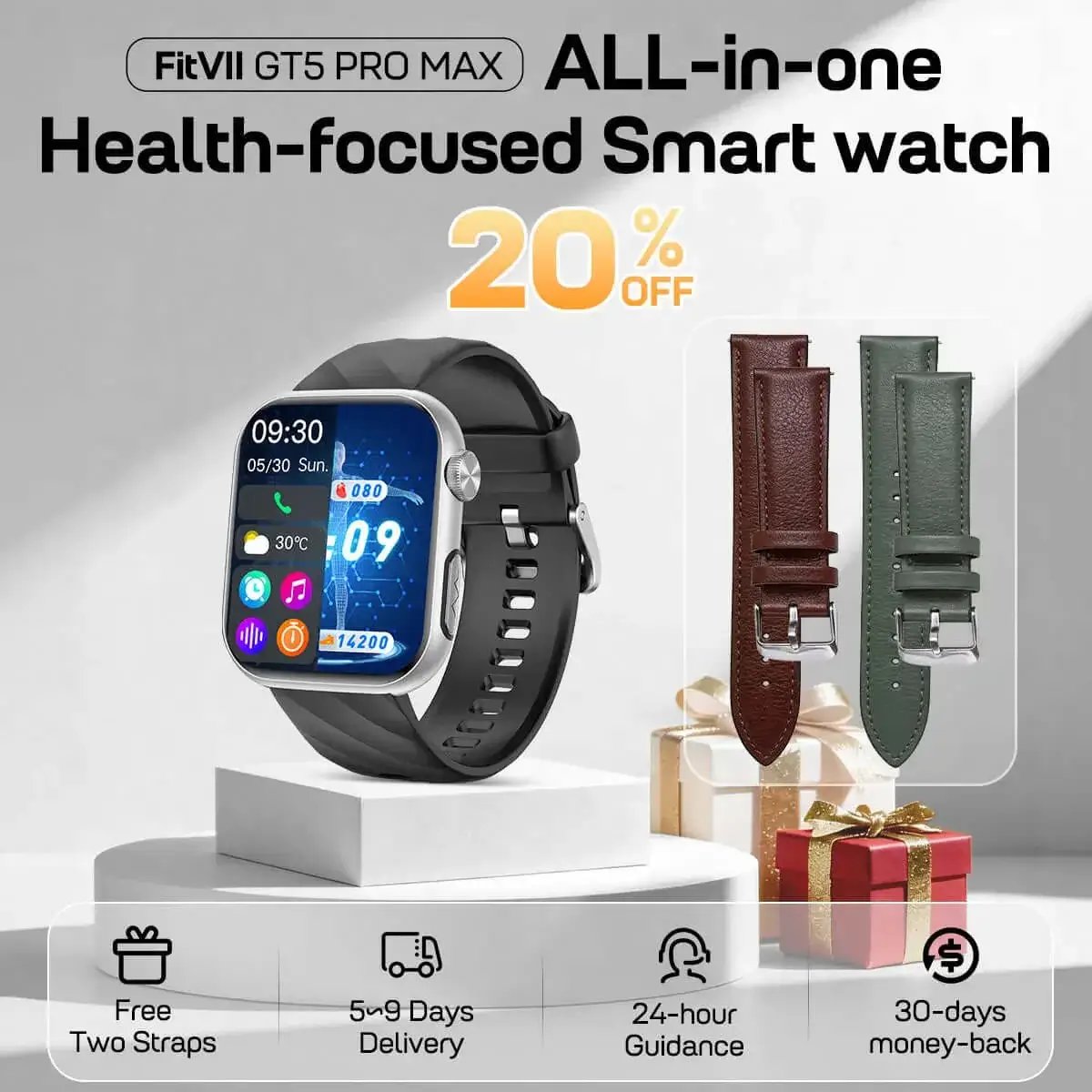 FitVII® GT5 Pro Health Watch With Blood Pressure & Blood Sugar 