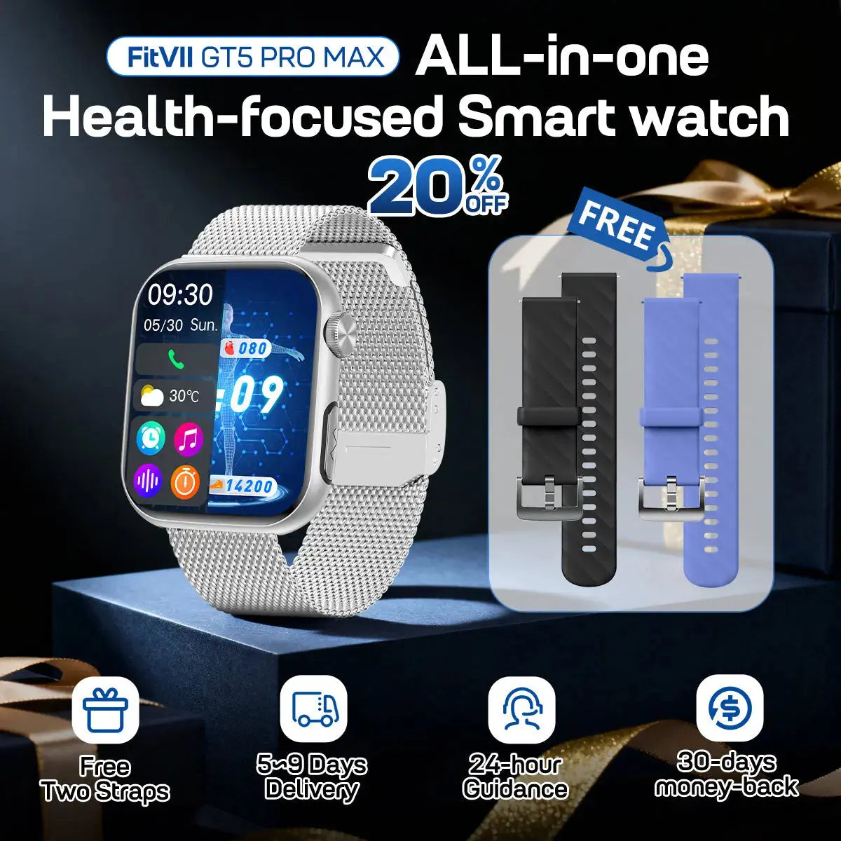FITVII GT5 Pro Max Health Smartwatch with Blood Pressure, ECG, Glucose Trends & SOS fitvii