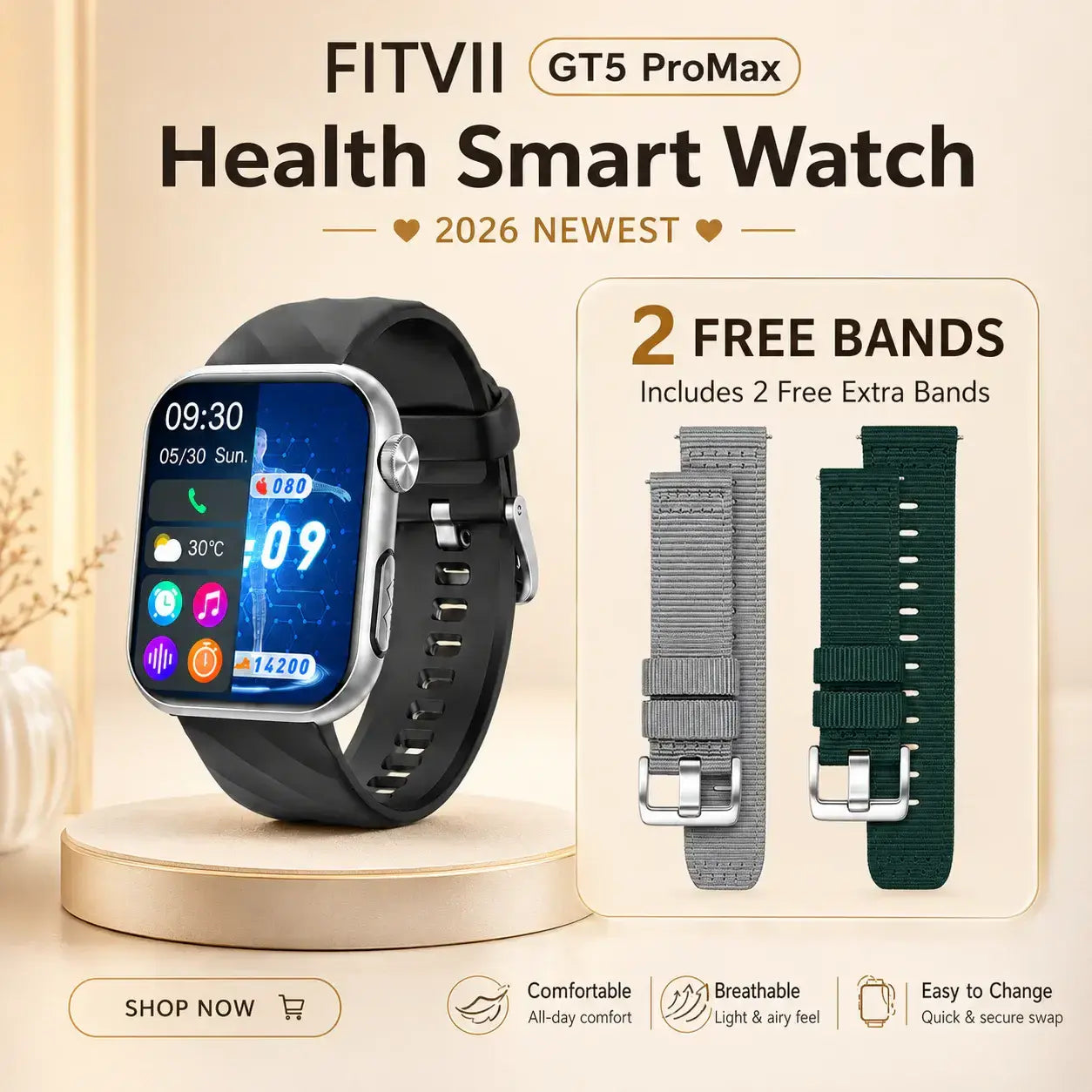 A FITVII GT5 ProMax health smart watch with a black strap displayed on a beige pedestal, alongside two free replacement bands in gray and dark green. The image features promotional text highlighting '2 FREE BANDS' and product features like comfort, breathability, and easy change.