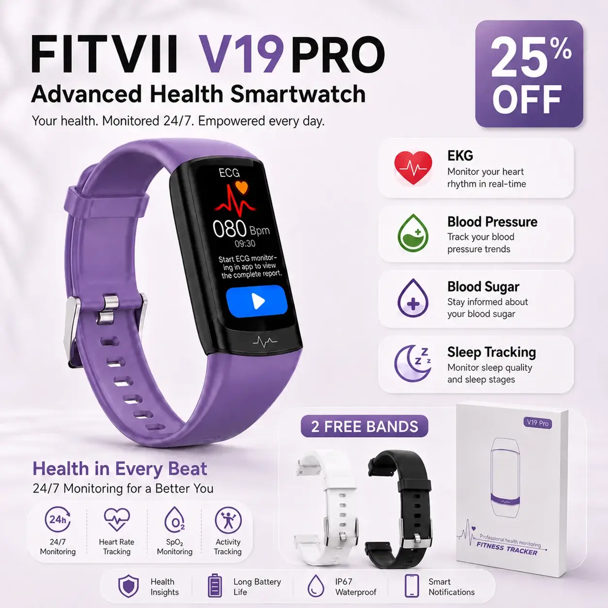 V19PRO Health & Fitness Tracker With ECG, HR, Blood Pressure and Blood Sugar Monitoring-2026 Upgrade