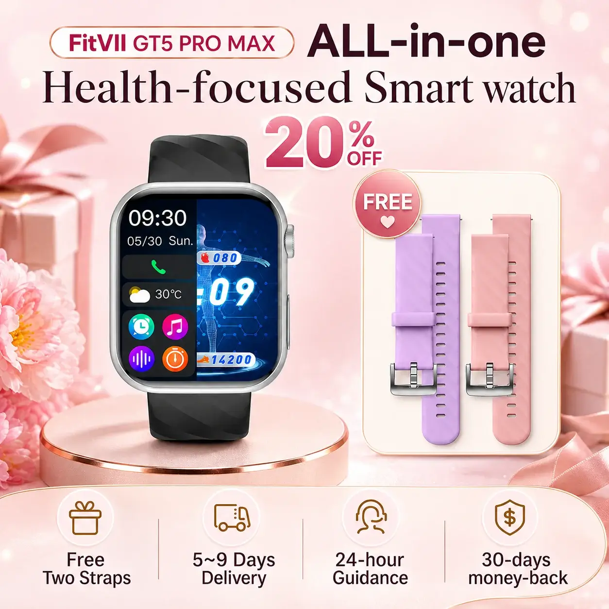 Fitvii ECG Smartwatch With AI Health Analysis BP, BG Sleep & More- FITVII GT5 PRO MAX