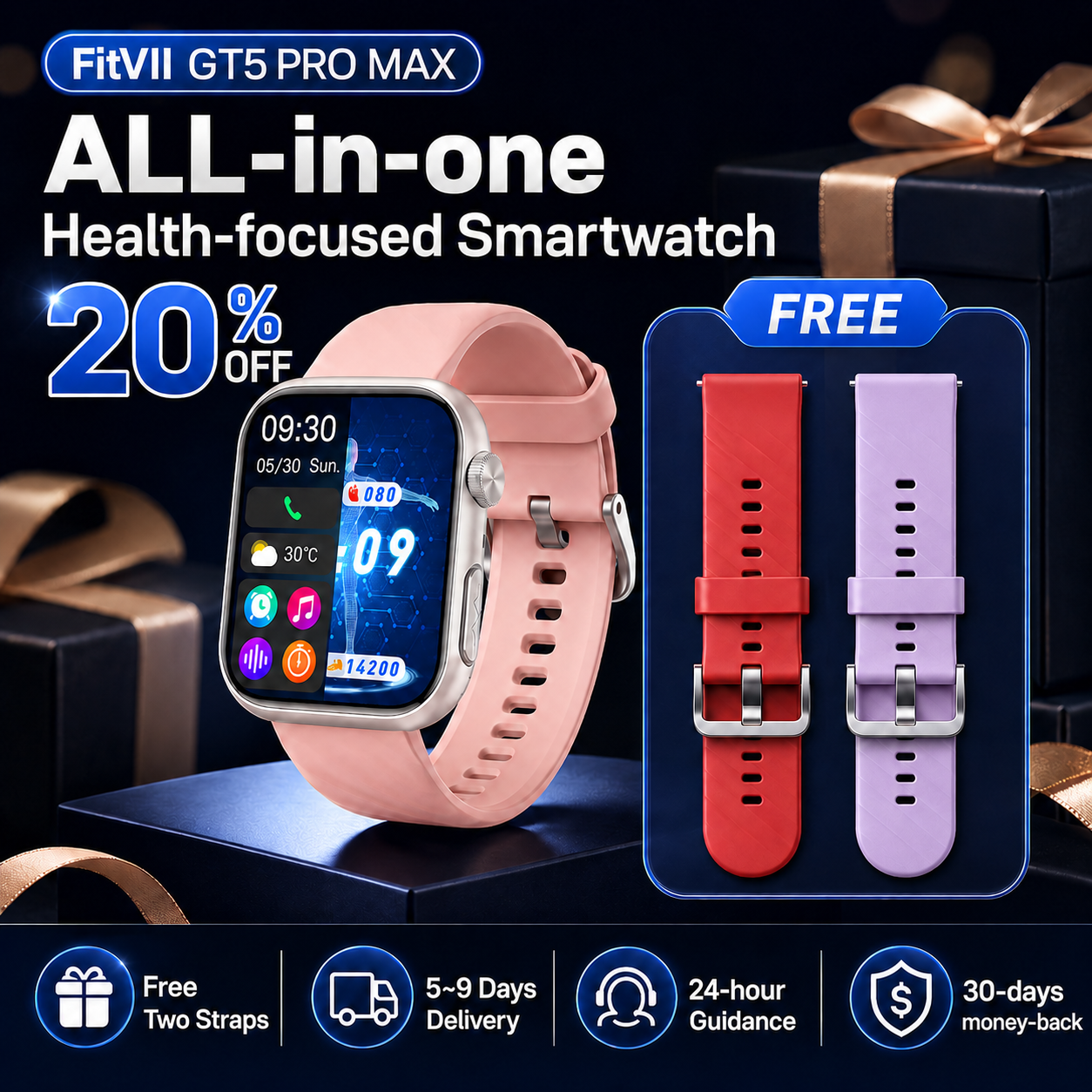 FITVII Health & Fitness Tracker with ECG+HR+ BP+SPO2+ Sleep Monitor Smartwatch