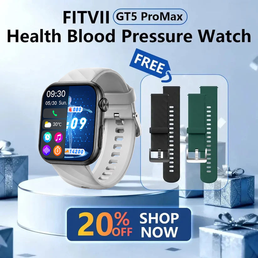 FITVII GT5 Pro Max Blood Pressure Smartwatch with EKG, Glucose Trends, HRV, SpO₂ & More