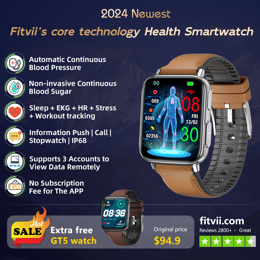 Best Upgrade FITVII® GT5Pro Blood Pressure Monitoring Watch With Blood Glucose ECG Heart Rate Health Fitness Tracker 2024