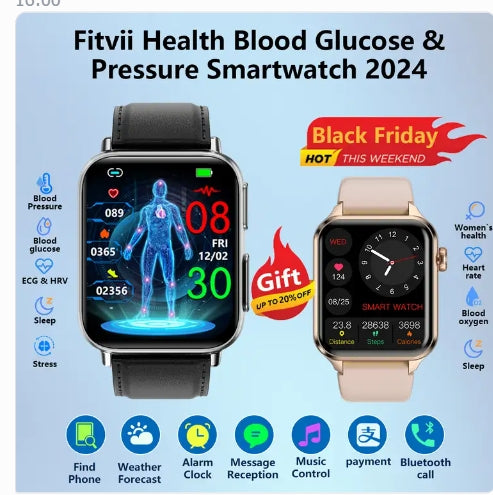 Ny Fitvii Kraftfulde Smartwatch ECG med hjertefrekvens Blodtryksmonitor EKG Blodsukker stresstest