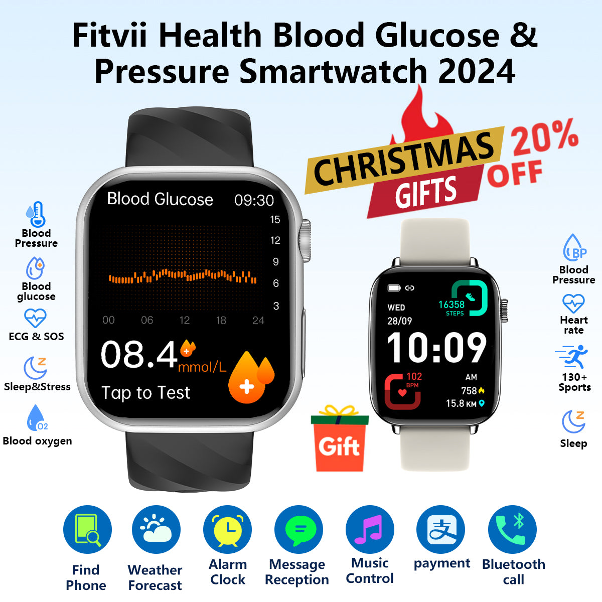 Upgrade Fitvii® GT5 Pro Max Blood Glucose Watch With BP+HRV+ECG(EKG)+PGG+SpO2+SOS+Stress+Sleep Monitoring Supports Voice Calls And Fitness Tracker + Free Watch Gift🎁