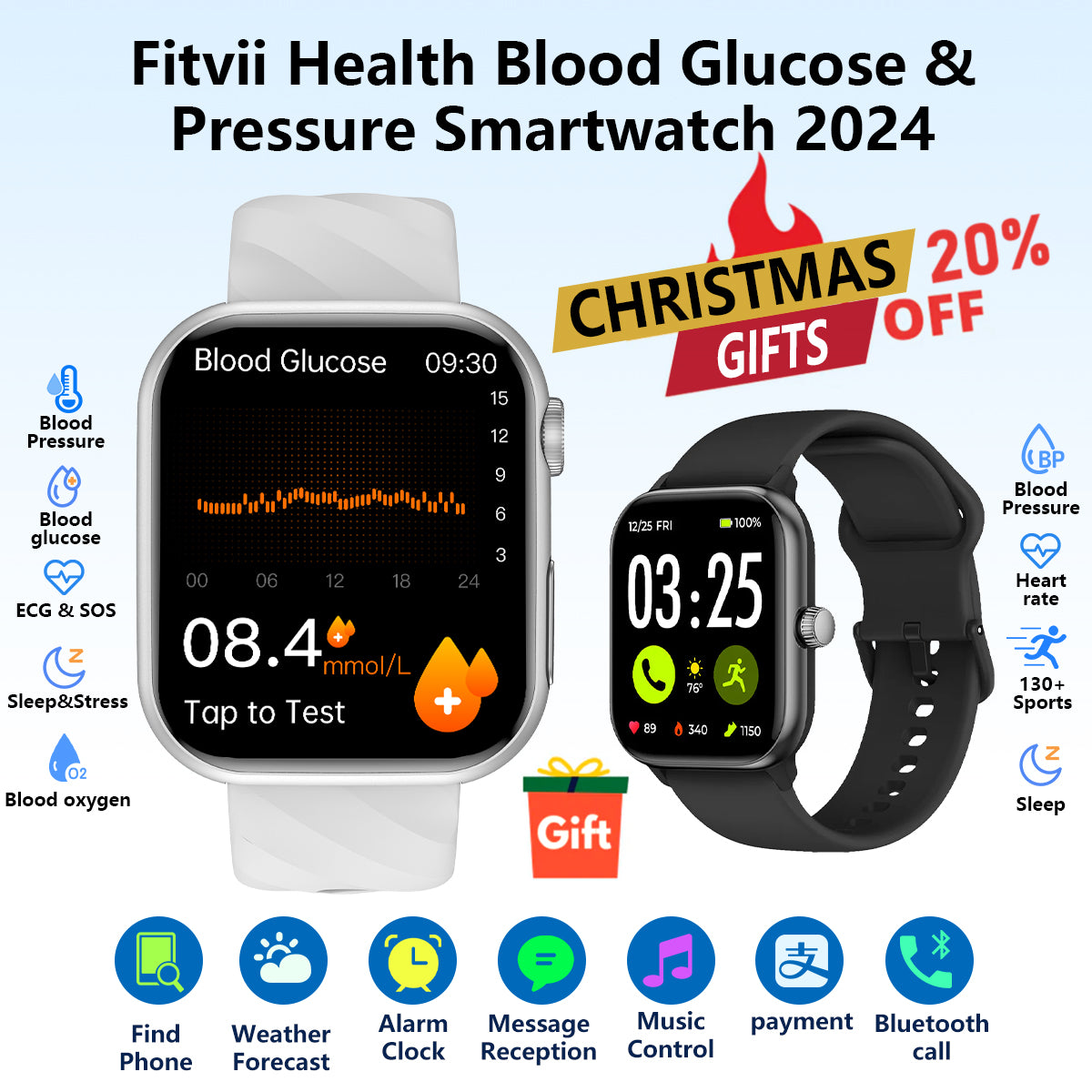 Upgrade Fitvii® GT5 Pro Max Blood Glucose Watch With BP+HRV+ECG(EKG)+PGG+SpO2+SOS+Stress+Sleep Monitoring Supports Voice Calls And Fitness Tracker + Free Watch Gift🎁