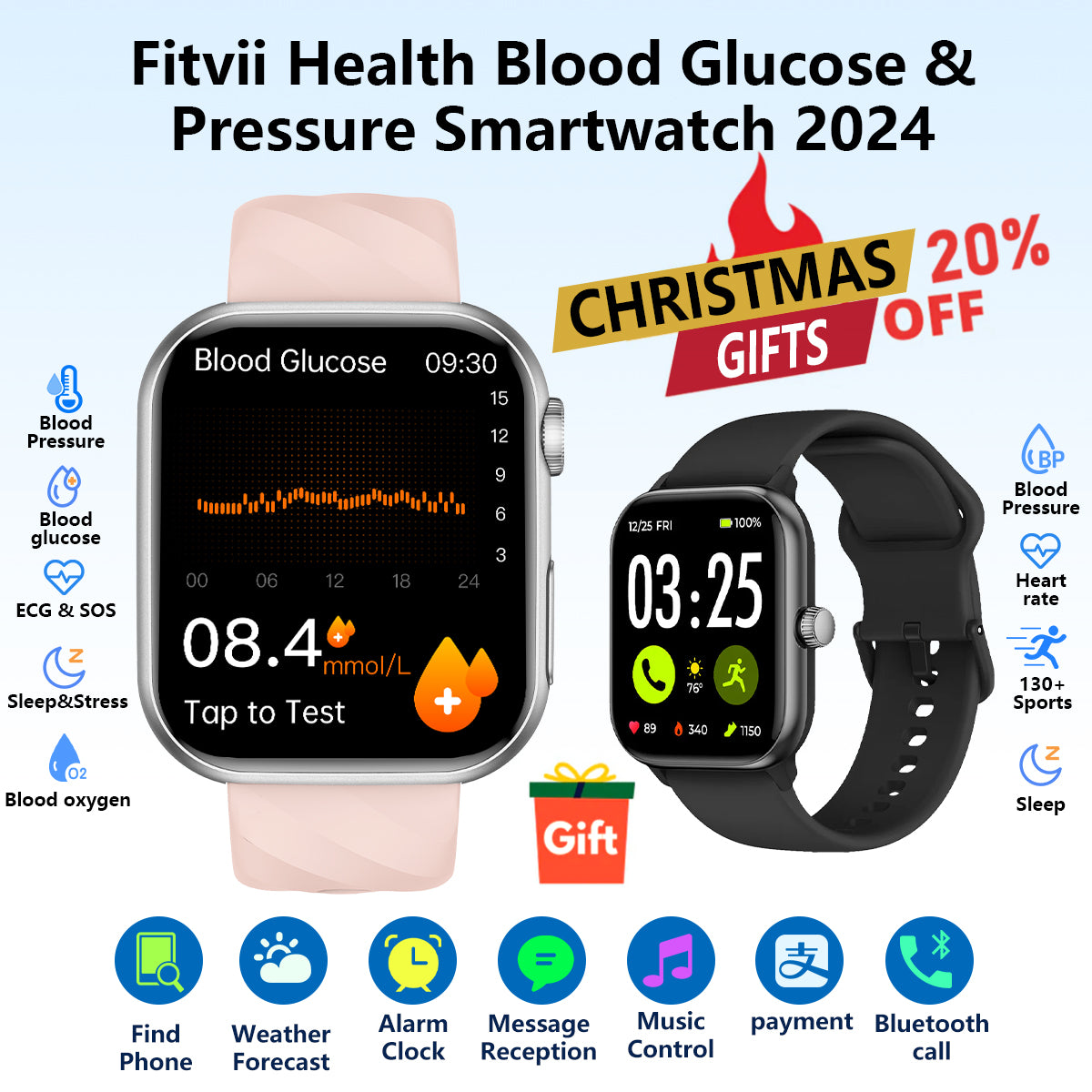 Upgrade Fitvii® GT5 Pro Max Blood Glucose Watch With BP+HRV+ECG(EKG)+PGG+SpO2+SOS+Stress+Sleep Monitoring Supports Voice Calls And Fitness Tracker + Free Watch Gift🎁