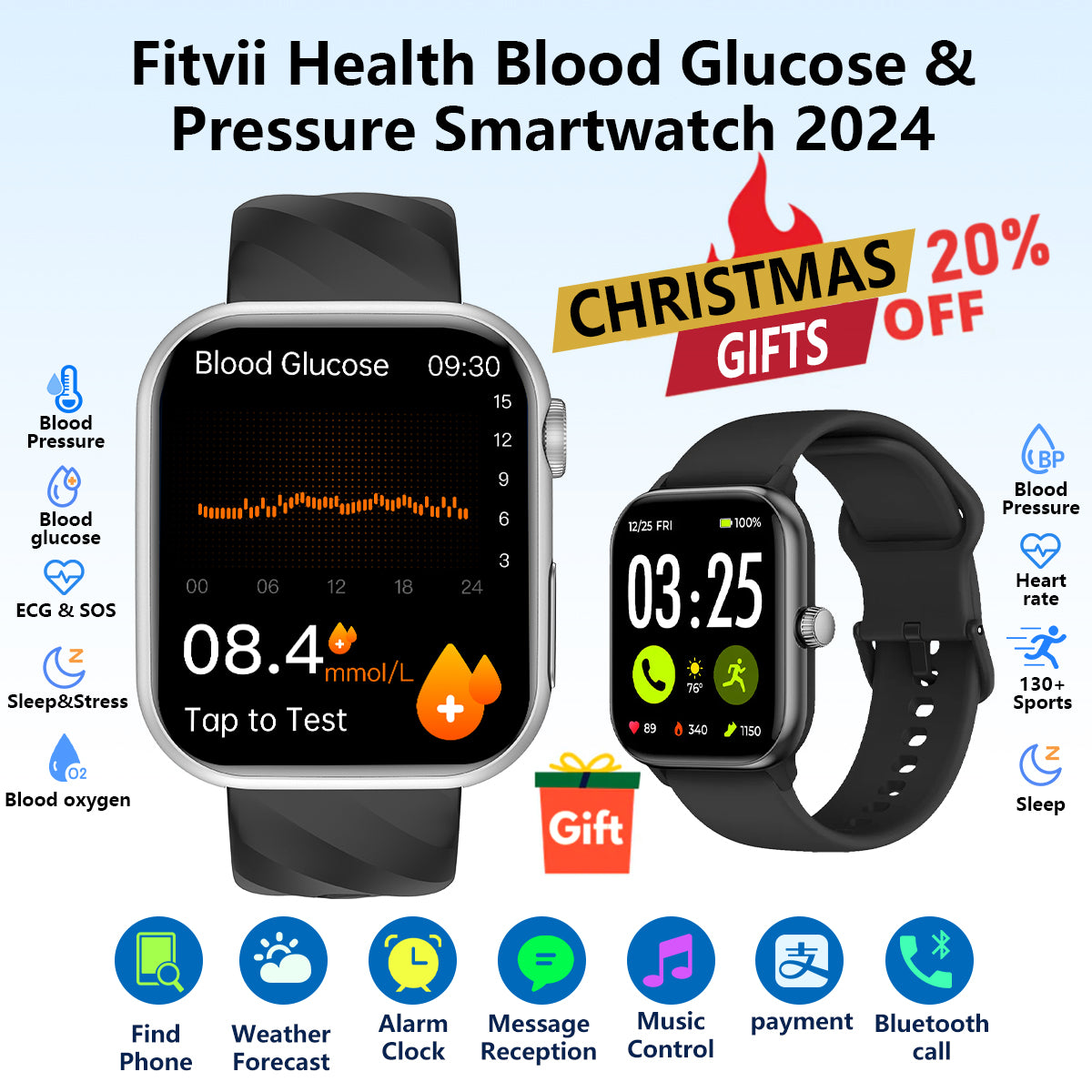 Upgrade Fitvii® GT5 Pro Max Blood Glucose Watch With BP+HRV+ECG(EKG)+PGG+SpO2+SOS+Stress+Sleep Monitoring Supports Voice Calls And Fitness Tracker + Free Watch Gift🎁