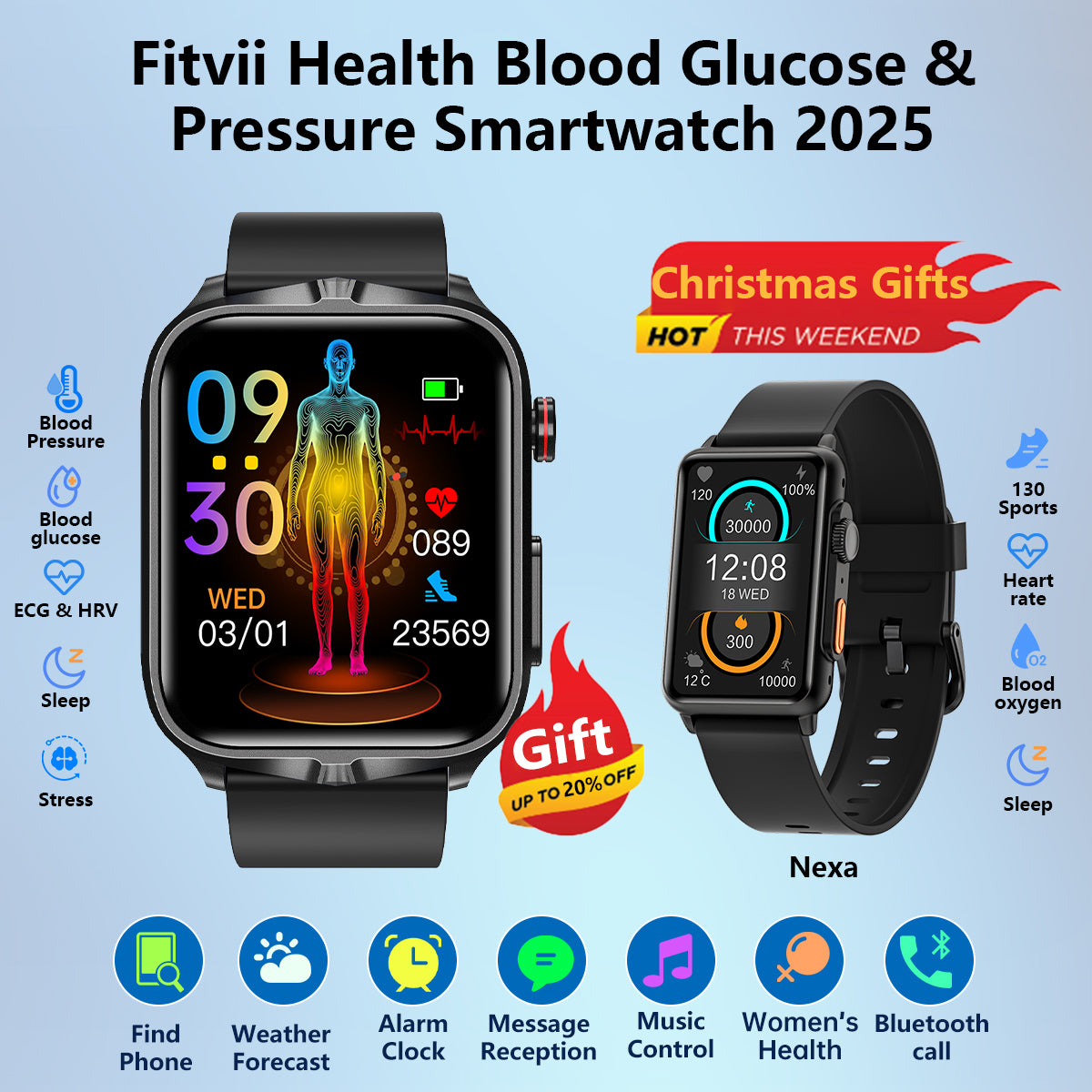 Best Upgrade FITVII® GT5 Pro Blood Pressure Monitoring Watch With Blood Glucose ECG Heart Rate Health Fitness Tracker 2024+Free Heart Rate Watch🎁