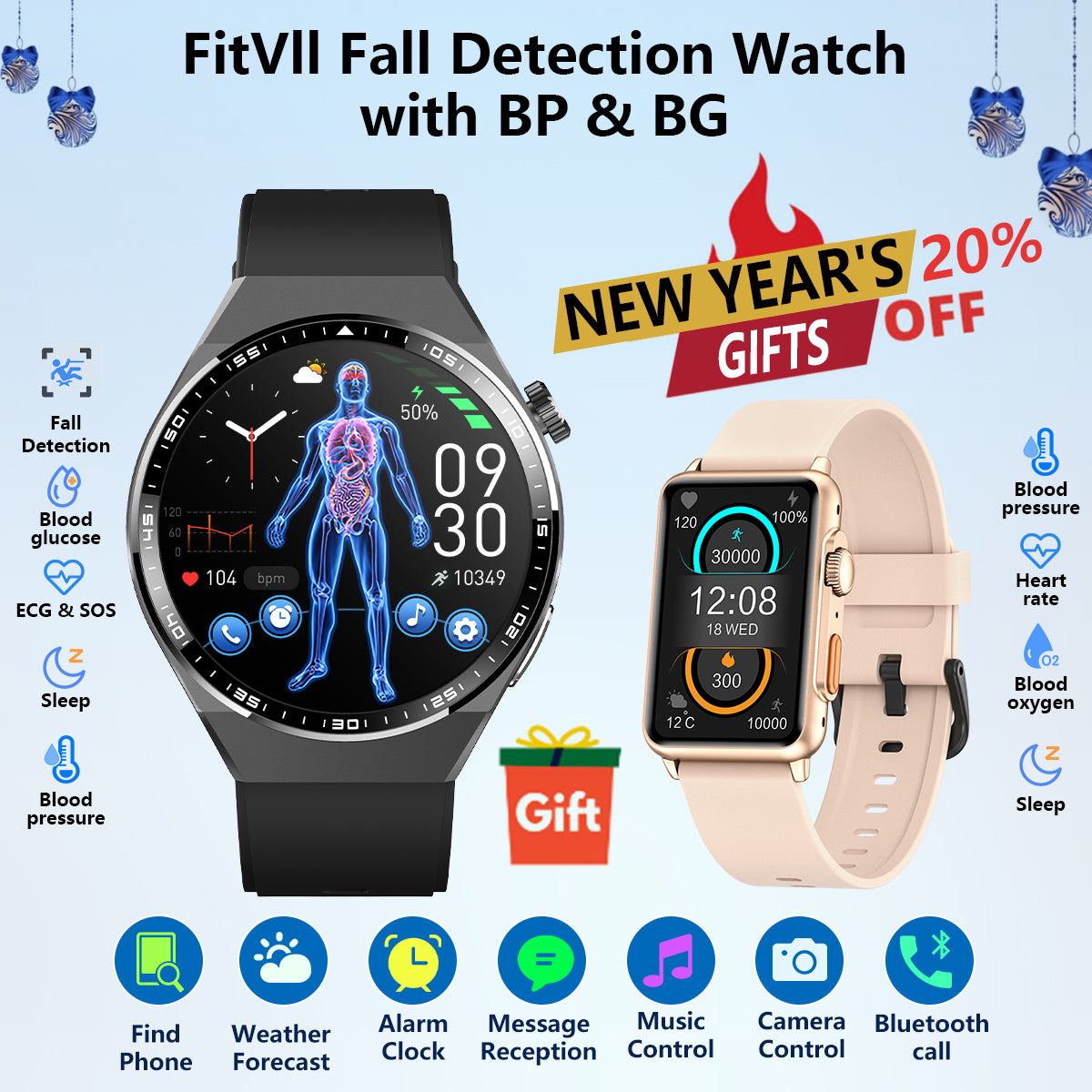 FitVII® Fall Detection Smartwatch With BP+BG+Spo2+HR+ECG+Sleep All-in-one Health Monitoring -🎁Free Nexa Fitness Tracker