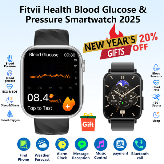 Upgrade Fitvii® GT5 Pro Max Blood Glucose Watch With BP+HRV+ECG(EKG)+PGG+SpO2+SOS+Stress+Sleep Monitoring Supports Voice Calls And Fitness Tracker + Free Watch Gift🎁