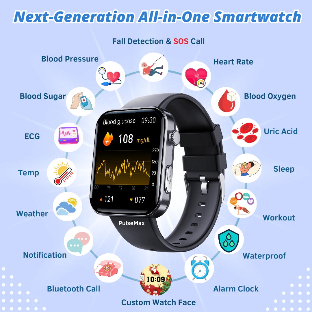FitVII Pulse Max Smart Watch With Fall Detection Blood Glucose