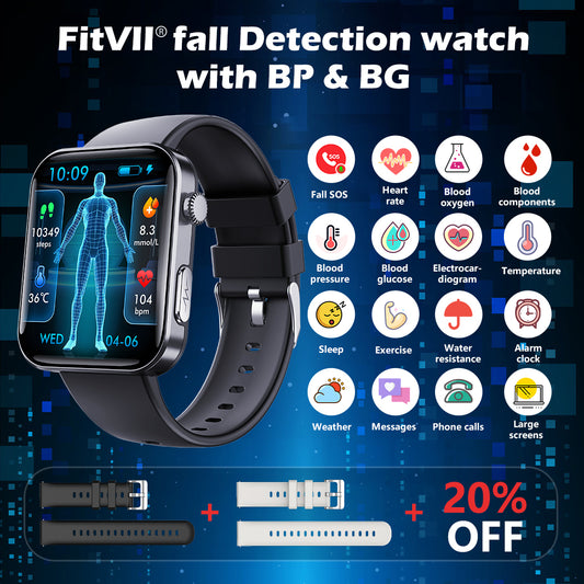 FitVII Pulse Max Smart Watch With Fall Detection Blood Glucose Blood Presssure Monitoring+Calls -🎁Free Straps
