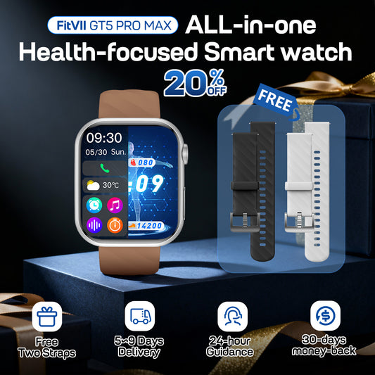 FitVII® GT5 Pro Max All-in-one Health Watch With Blood Pressure + EKG + Heart Rate + Temperature + Stress + Exercise + Blood Oxygen + Sleep + Uric Acid + Blood Fat Monitoring 2026-9 Colors with Gift Straps