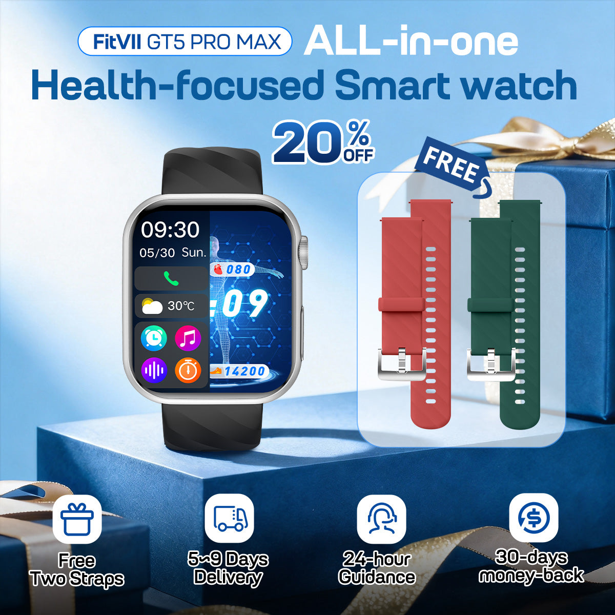 Upgrade Fitvii® GT5 Pro Max Blood Blood Pressure Watch With BG+HRV+ECG(EKG)+PGG+SpO2+SOS+Stress+Sleep Monitoring Supports Voice Calls And Fitness Tracker + Free Straps Gift