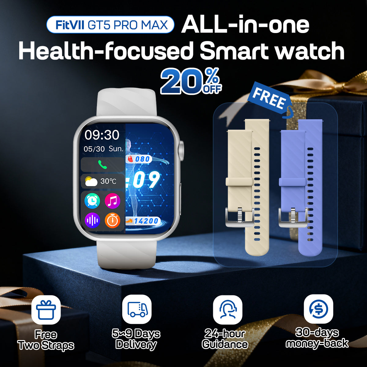 Upgrade Fitvii® GT5 Pro Max Blood Blood Pressure Watch With BG+HRV+ECG(EKG)+PGG+SpO2+SOS+Stress+Sleep Monitoring Supports Voice Calls And Fitness Tracker + Free Straps Gift