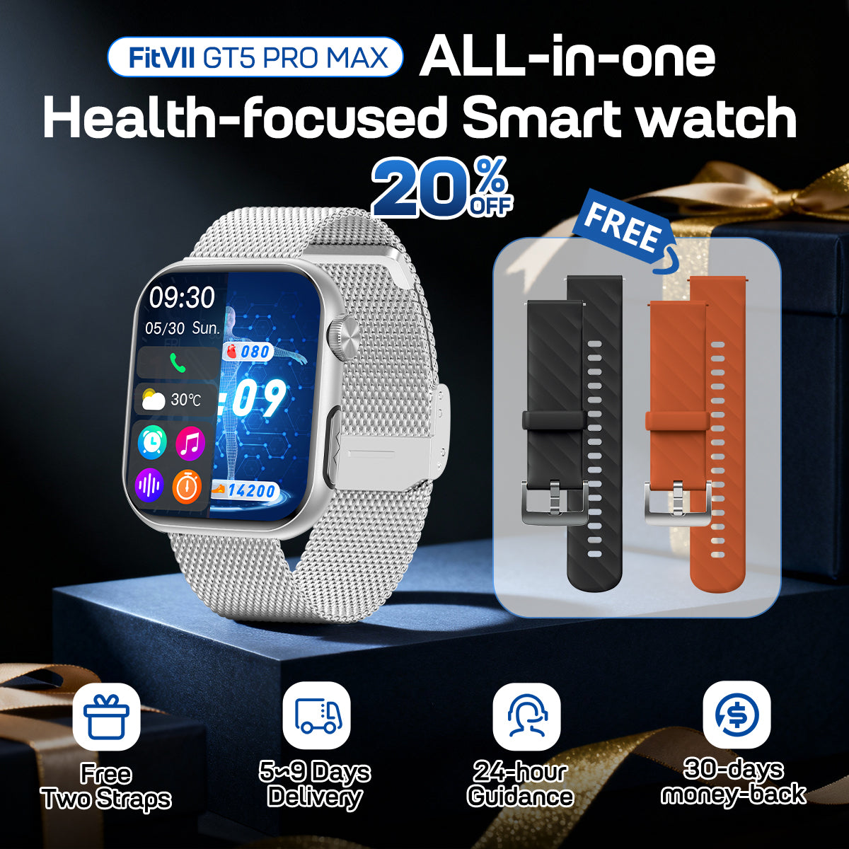 Upgrade FITVII® GT5 PRO MAX Blood Pressure Watch With Heart Rate Blood Glucose Monitor Calls Smartwatch