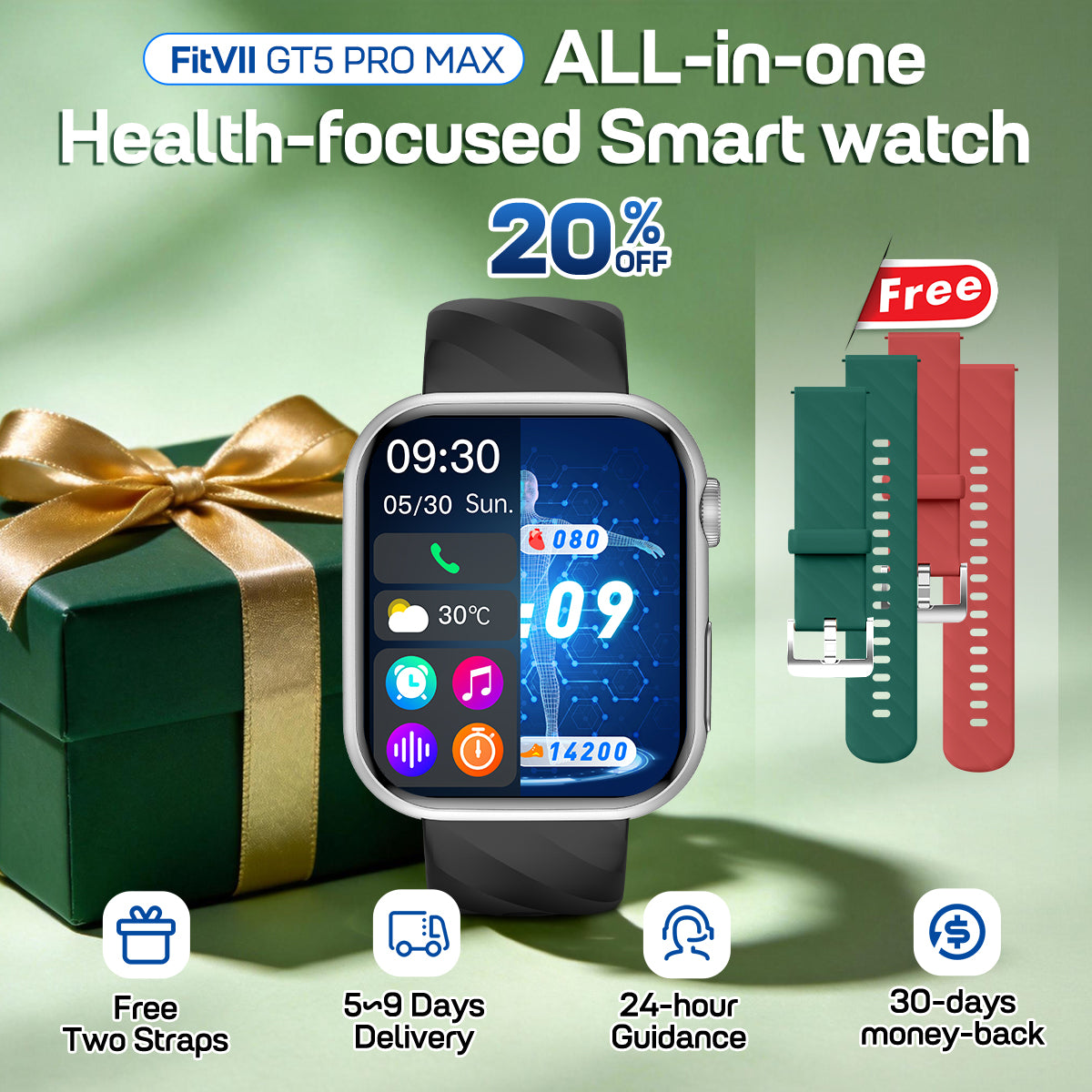 Upgrade Fitvii® GT5 Pro Max Blood Blood Pressure Watch With BG+HRV+ECG(EKG)+PGG+SpO2+SOS+Stress+Sleep Monitoring Supports Voice Calls And Fitness Tracker + Free Straps Gift