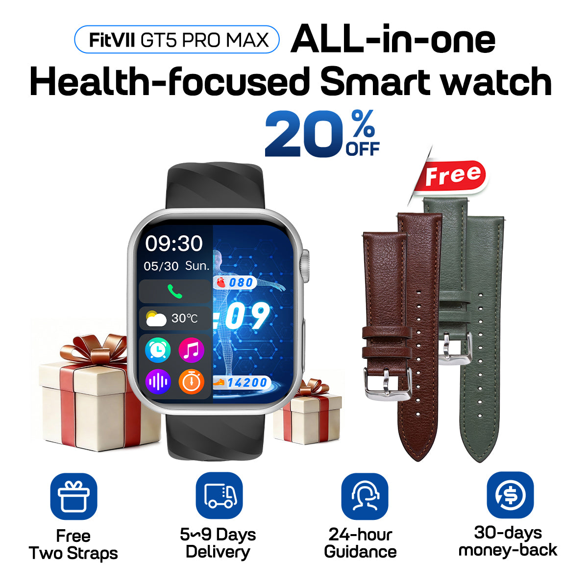Best Upgrade FITVII® GT5 Pro Max Blood Pressure Monitoring Watch With Blood Glucose ECG Heart Rate+Calls Health Fitness Tracker 2026