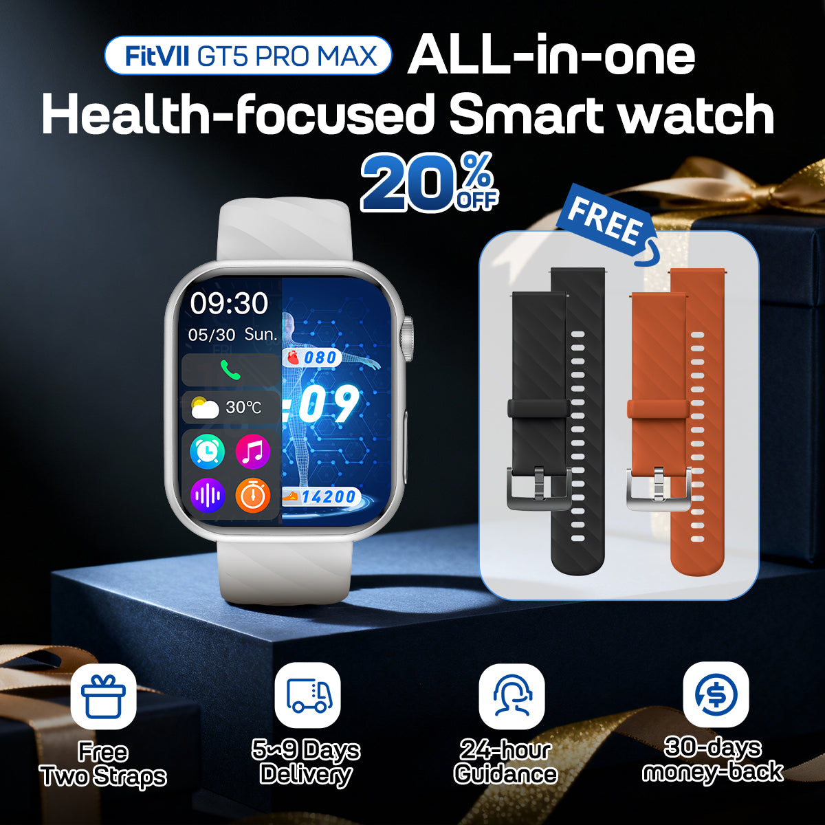 Best Upgrade FITVII® GT5 Pro Max Blood Pressure Monitoring Watch With Blood Glucose ECG Heart Rate+Calls Health Fitness Tracker 2026