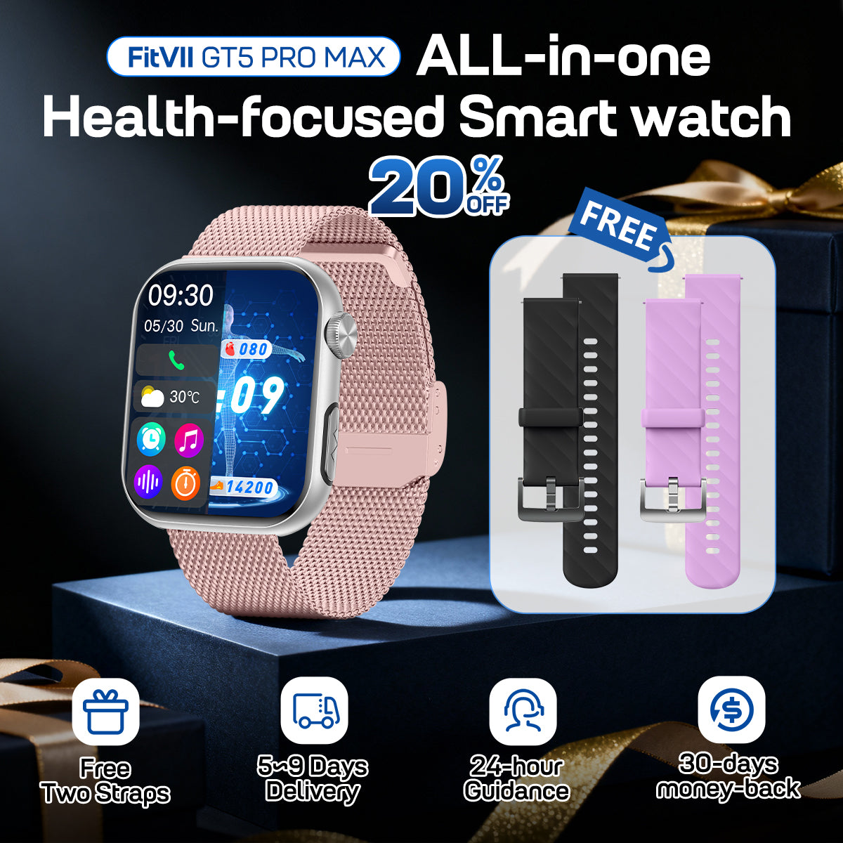 Best Upgrade FITVII® GT5 Pro Max Blood Pressure Monitoring Watch With Blood Glucose ECG Heart Rate+Calls Health Fitness Tracker 2026