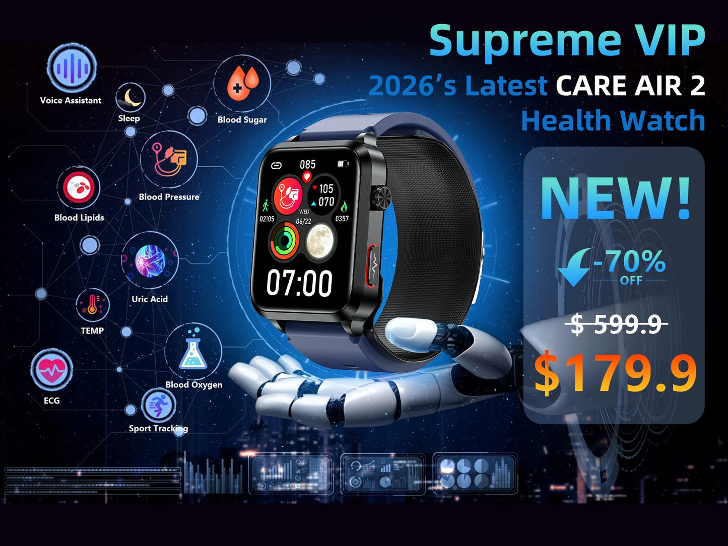 Fitvii® Health Watch-2026 Newest CARE AIR 2 All-In-One Fitness Tracker With Air Pump Blood Pressure+EKG+HRV+SPO2+RR+Uric Acid+Sleep+Calls