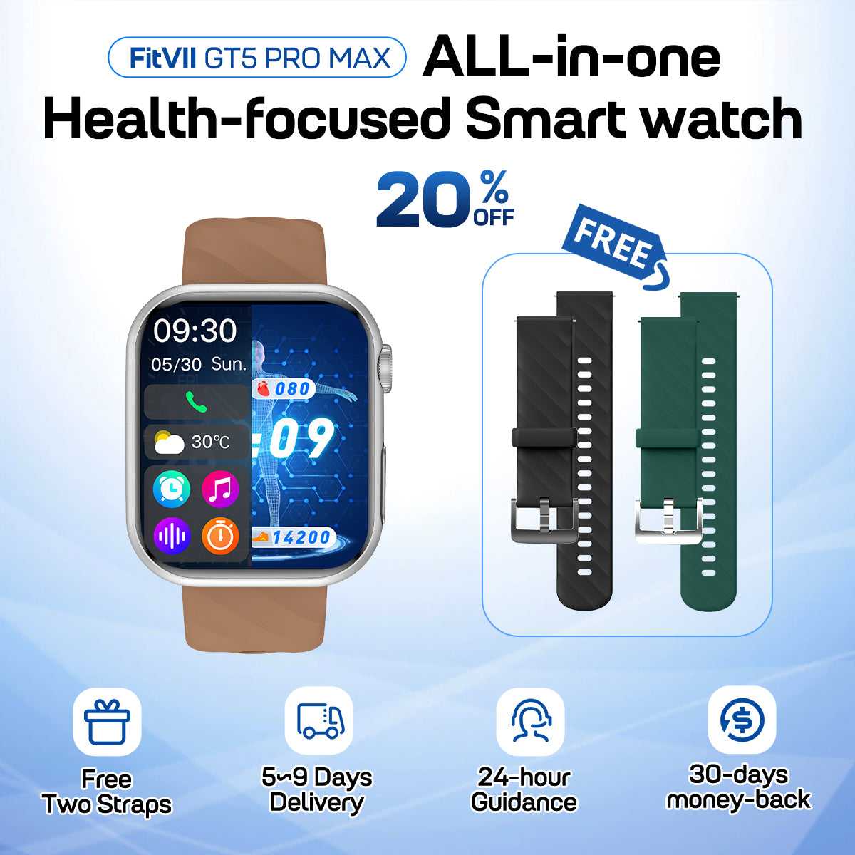 Fitvii ECG Smartwatch With AI Health Analysis BP, BG Sleep & More