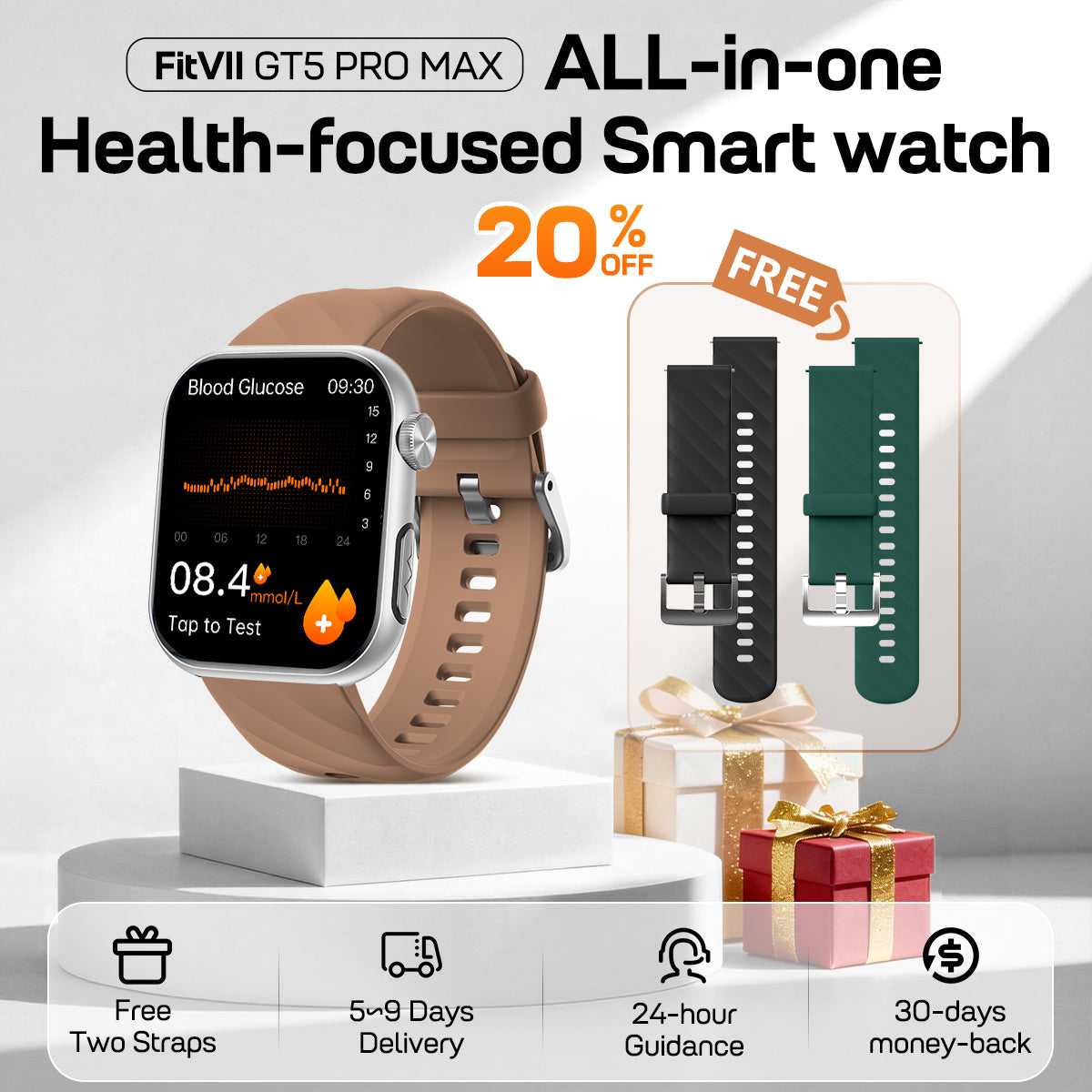 Neues Fitvii Leistungs starkes Smartwatch-EKG mit Herzfrequenz-Blutdruck messgerät + EKG + Blutzucker-Stresstests