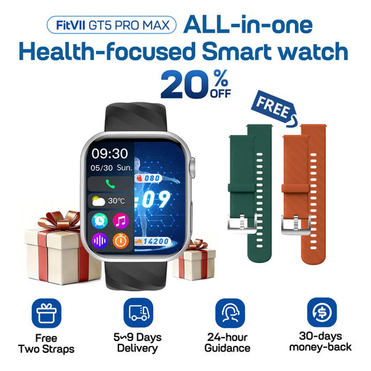 Upgrade Fitvii® GT5 Pro Max Blood Blood Pressure Watch With BG+HRV+ECG(EKG)+PGG+SpO2+SOS+Stress+Sleep Monitoring Supports Voice Calls And Fitness Tracker + Free Straps Gift