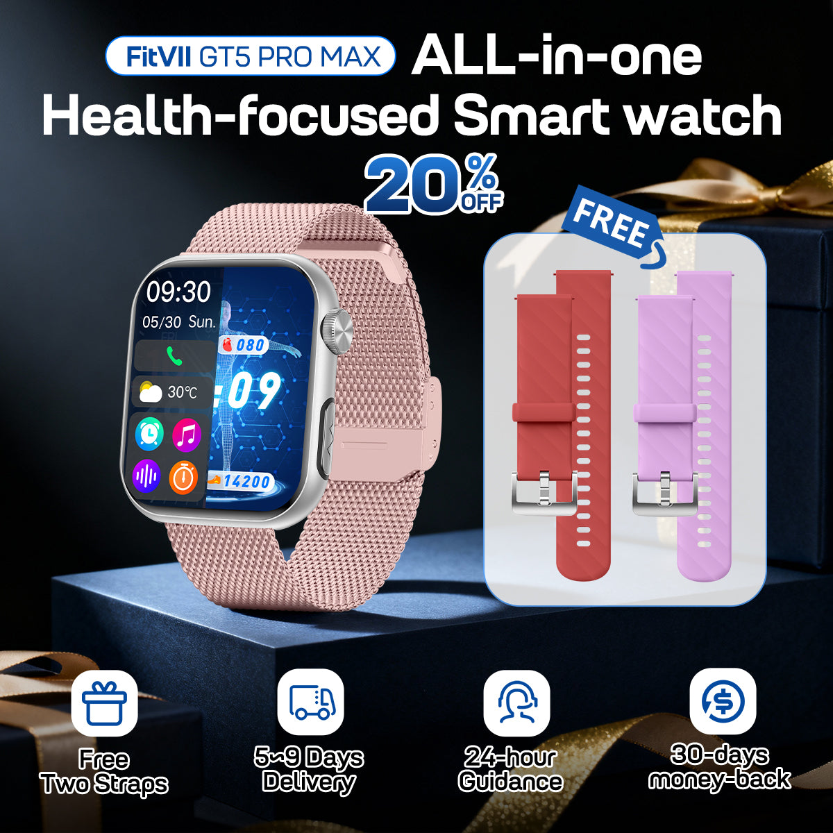 FITVII GT5 Pro Max 2026 Family Care Health Smartwatch with Blood Pressure & ECG Tracking