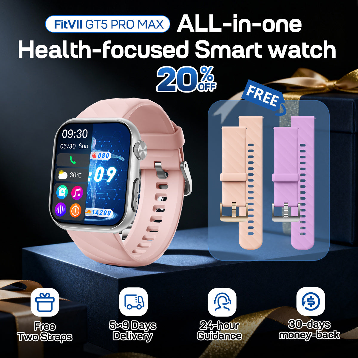 FitVII GT5 Pro Powerful Smartwatch with 50% More Accuracy for BP+BG+HR+ECG+SPO2+TEMP+Stress Monitoring with Strap gift FitVII GT5 Pro Powerful Smartwatch with 50% More Accuracy for BP+BG+HR+ECG+SPO2+TEMP+Stress Monitoring with Strap gift