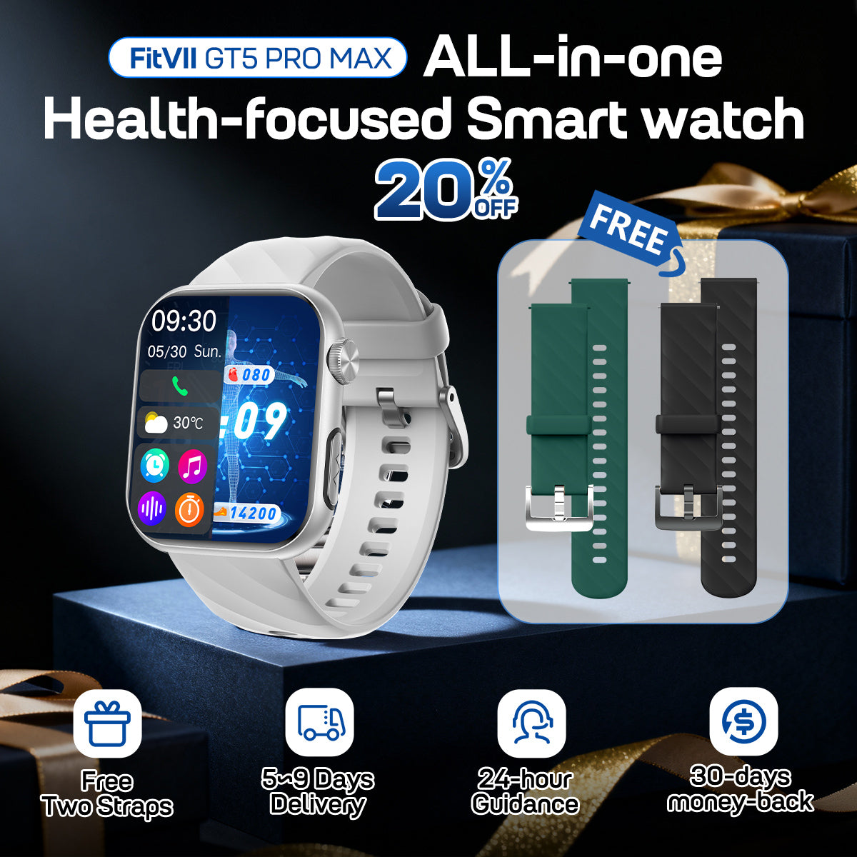 Bagong Fitvii Powerful Smartwatch ECG na may Heart Rate Blood Pressure Monitor EKG Blood Sugar Stress Testing.