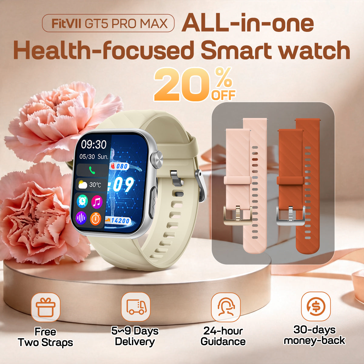 Bagong Fitvii Powerful Smartwatch ECG na may Heart Rate Blood Pressure Monitor EKG Blood Sugar Stress Testing.