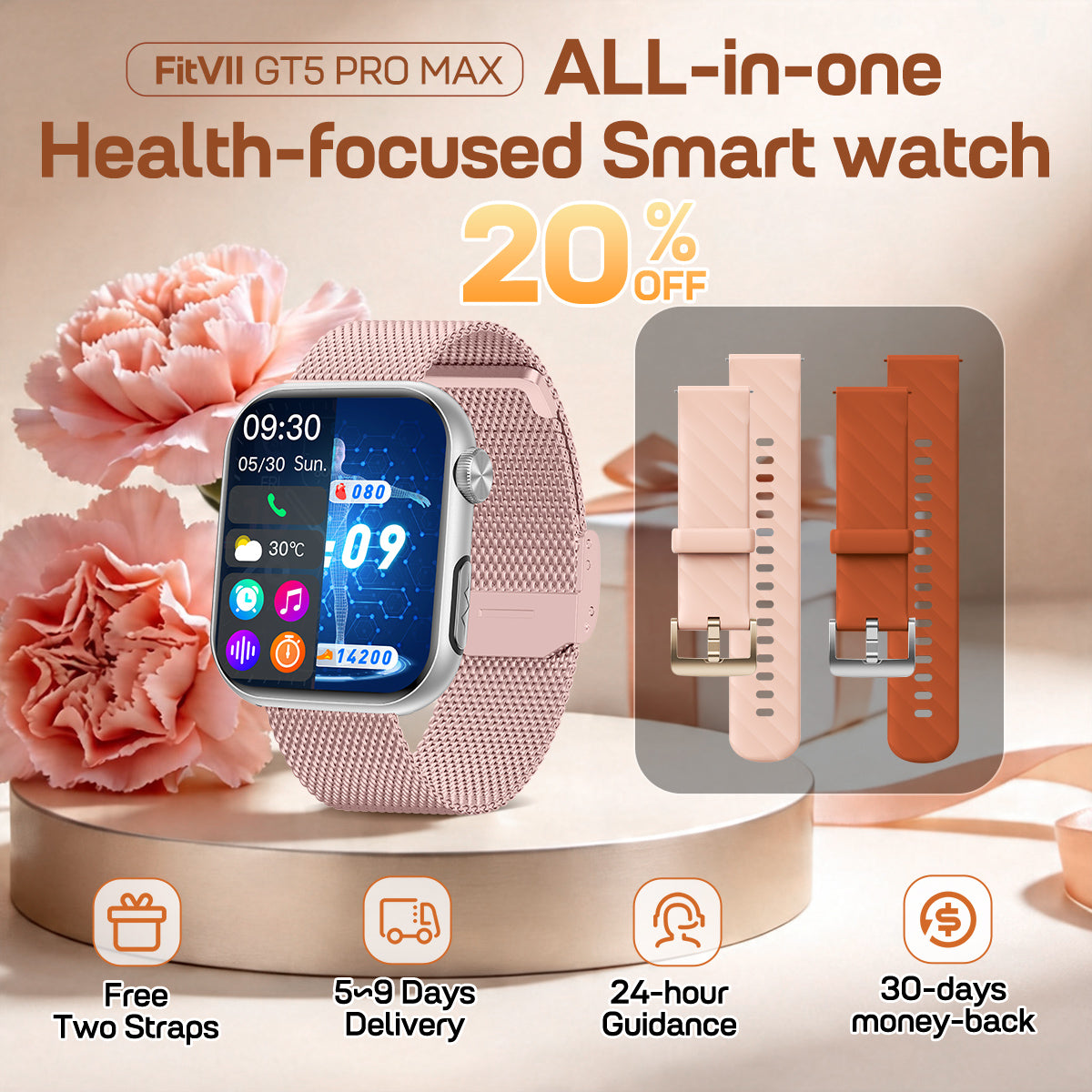 FITVII GT5 Pro Max 2026 Family Care Health Smartwatch with Blood Pressure & ECG Tracking