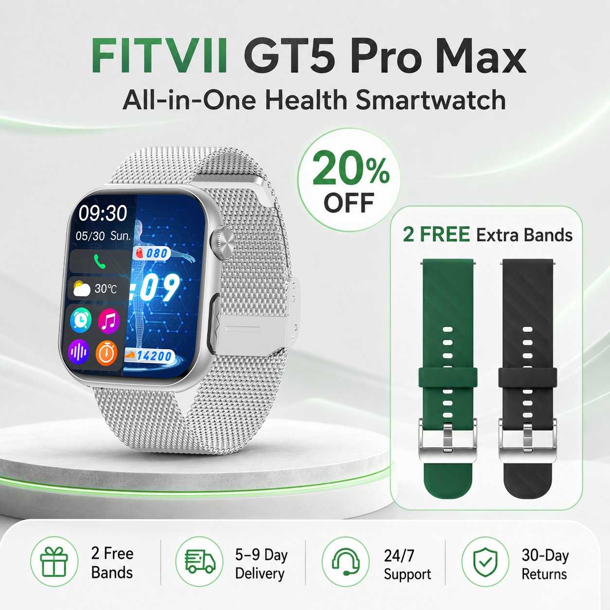 FITVII GT5 Pro Max Blood Pressure, ECG & Glucose Trends Smartwatch