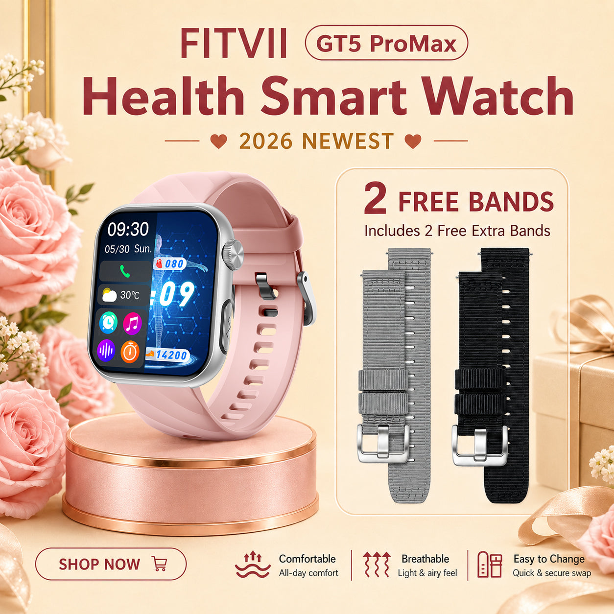 Upgrade FITVII® GT5 Pro Max Blood Pressure Smartwatch with EKG, Glucose Trends, HRV, SpO₂, Sleep & More