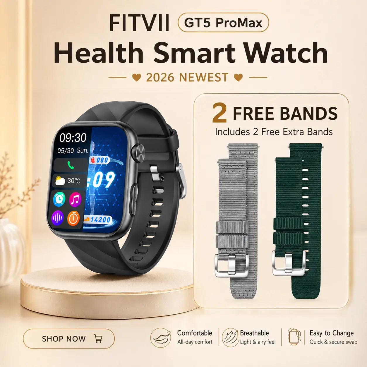 Best Upgrade FITVII® GT5 Pro Max Blood Pressure Watch 2026 with Glucose Trends,Sleep, ECG, Calls & More