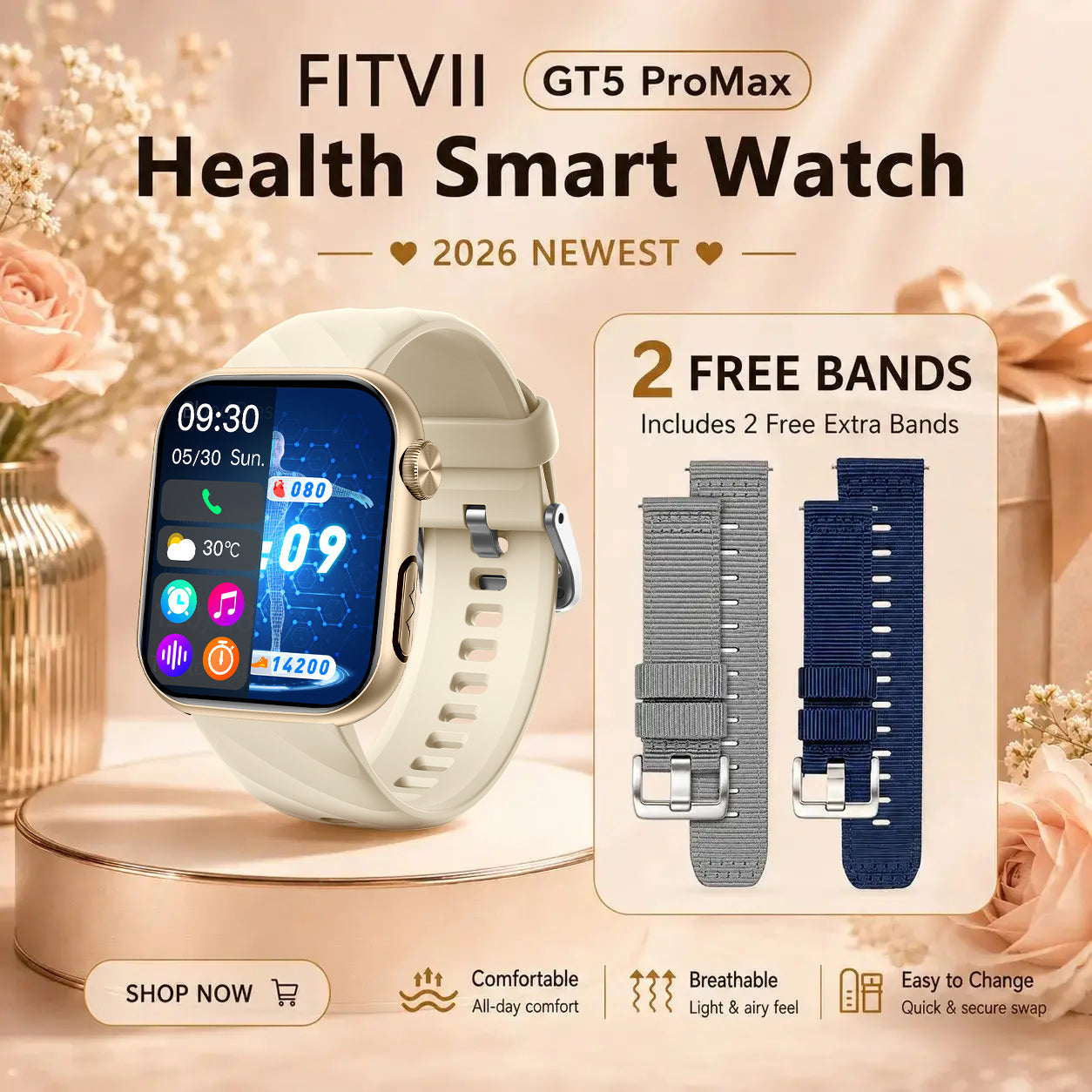 Best Upgrade FITVII® GT5 Pro Max Blood Pressure Watch 2026 with Glucose Trends,Sleep, ECG, Calls & More