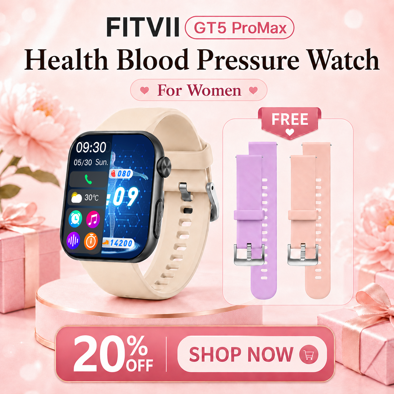 FITVII GT5 Pro Max Blood Pressure Smartwatch with EKG, Glucose Trends, HRV, SpO₂ & More
