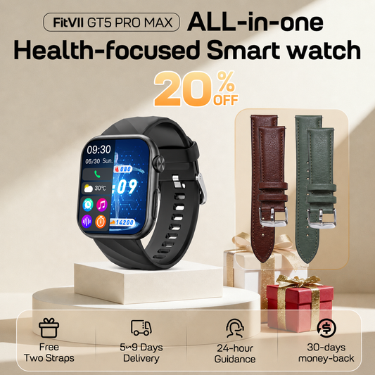 FITVII GT5 Pro Max Blood Pressure Smartwatch with EKG, Glucose Trends, HRV, SpO₂ & More