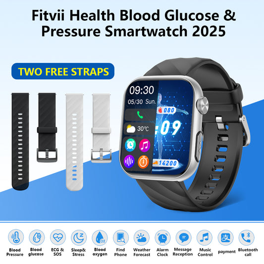 Upgrade Fitvii® GT5 Pro Max Blood Glucose Watch With BP+HRV+ECG(EKG)+PGG+SpO2+SOS+Stress+Sleep Monitoring Supports Voice Calls And Fitness Tracker + Free Straps Gift🎁