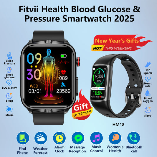 Best Upgrade FITVII® GT5 Pro Blood Pressure Monitoring Watch With Blood Glucose ECG Heart Rate Health Fitness Tracker 2024+Free HM18 Watch🎁