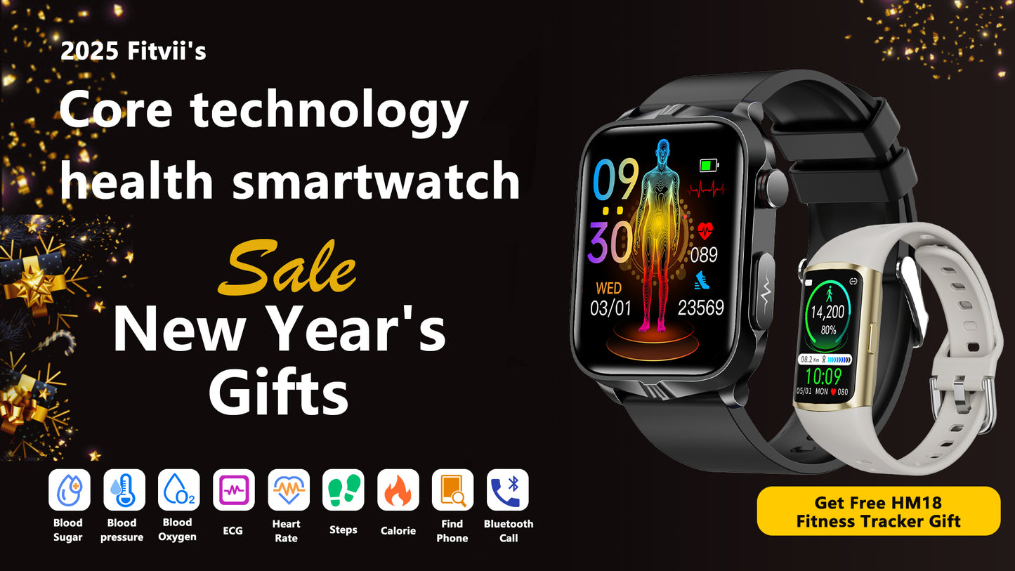 2025 Upgrade Fitvii® GT5 Plus Health & Fitness Smartwatch with HR+BP+BG+ECG(EKG)+SPO2+TEMP+SOS+ Sleep+Uric Acid+Blood Fat Monitoring + New Year Watch Gift🎁